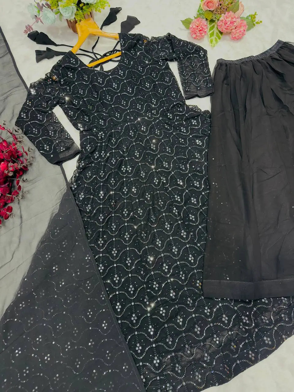 Black Faux Blooming Sequined Anarkali Suit with Dupatta