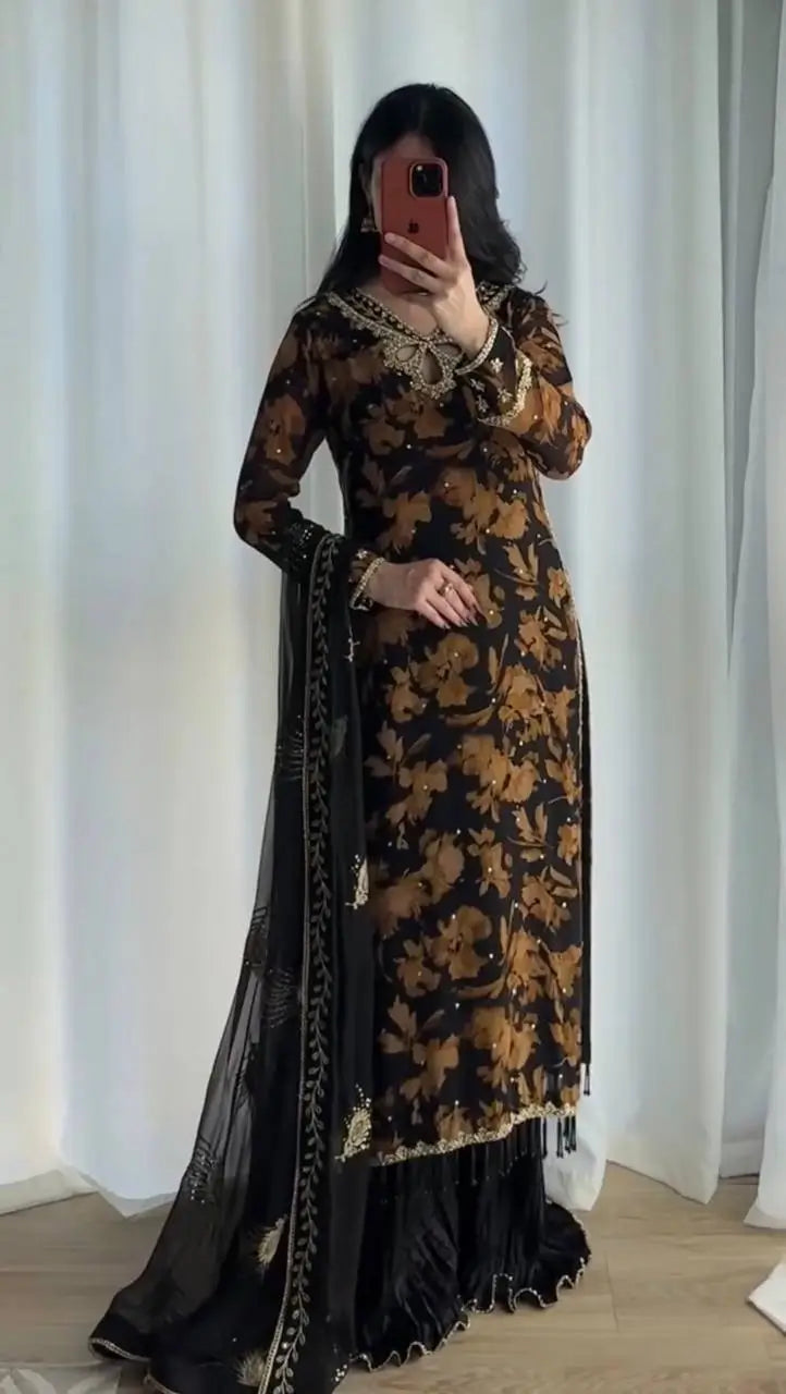 Black Floral Sequin Sharara Set