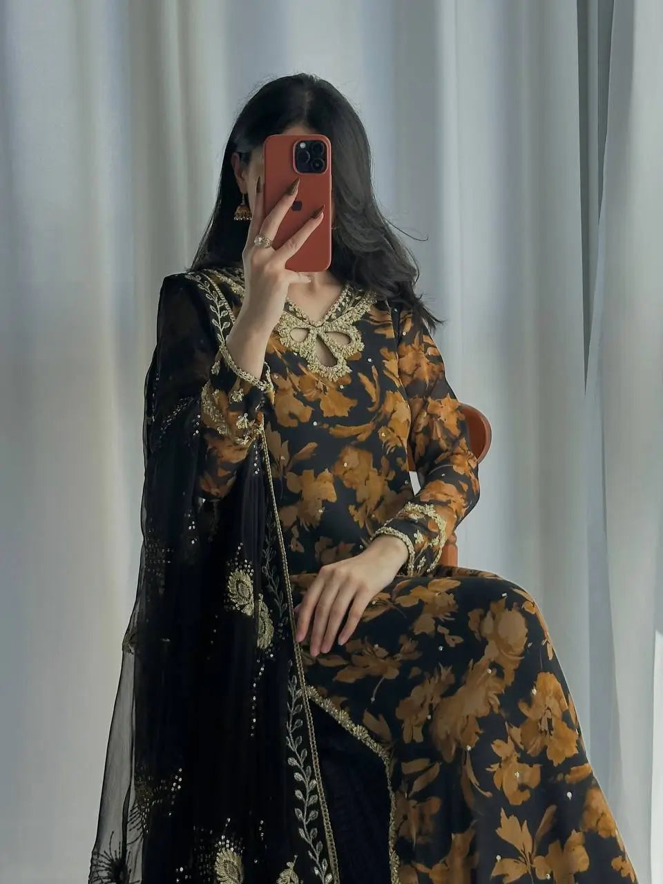 Black Floral Sequin Sharara Set