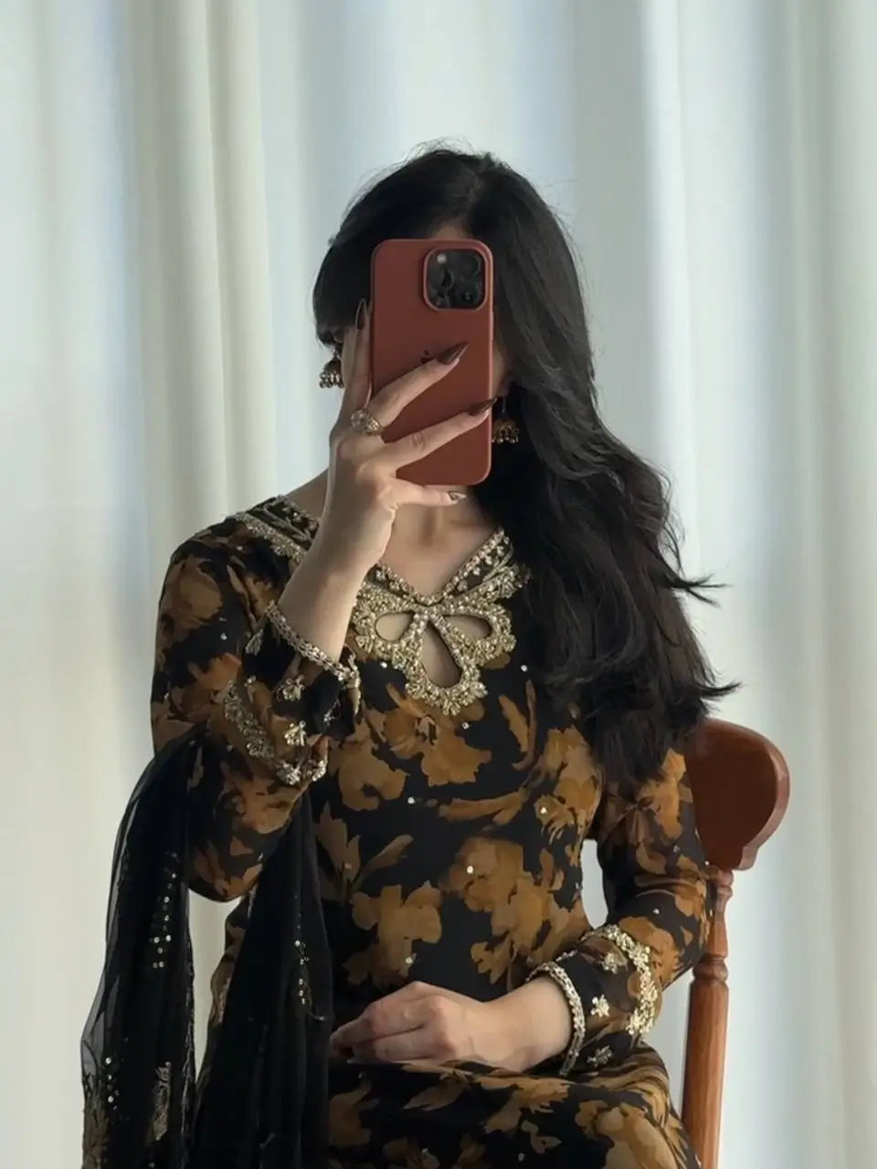Black Floral Sequin Sharara Set