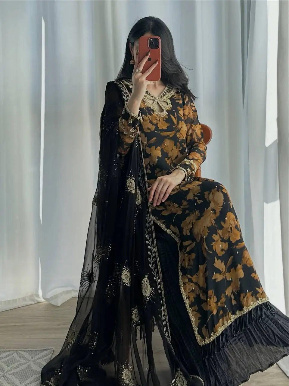Black Floral Sequin Sharara Set
