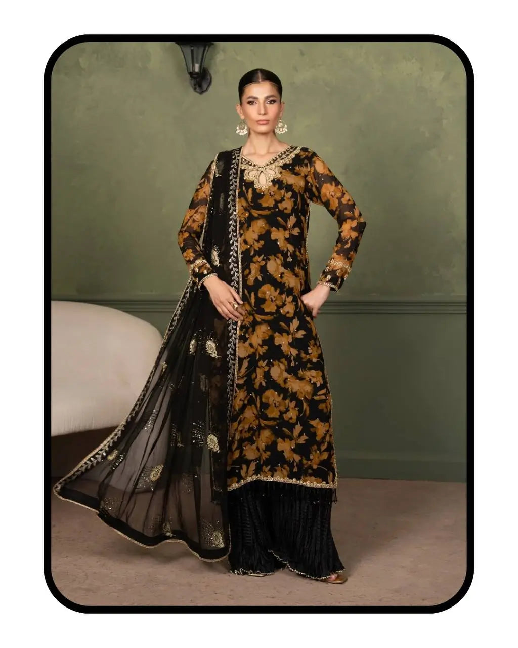 Black Floral Sequin Sharara Set