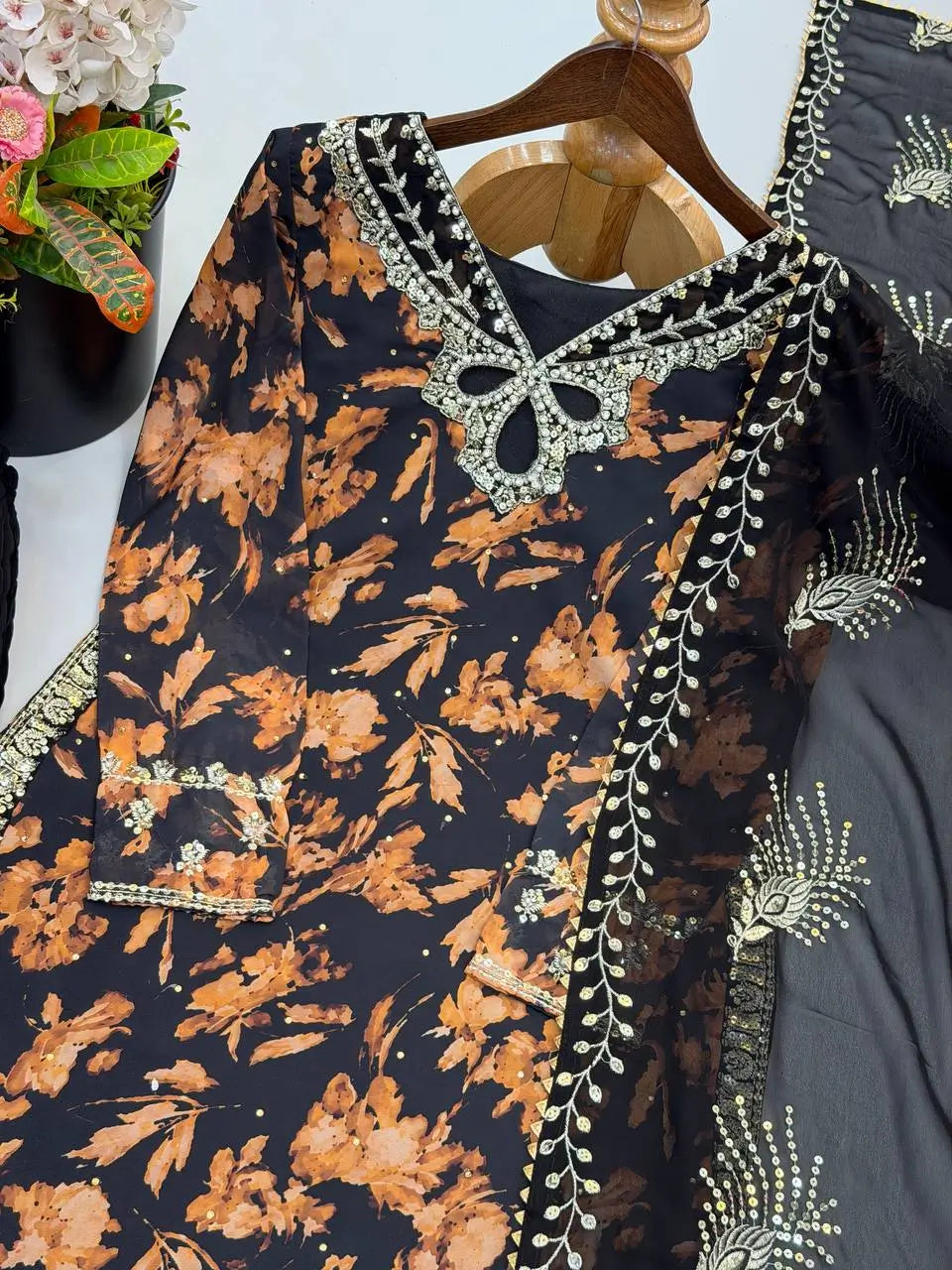 Black Floral Sequin Sharara Set