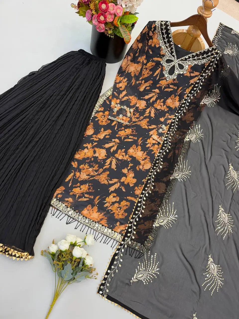 Black Floral Sequin Sharara Set