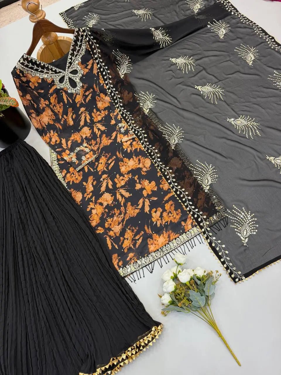 Black Floral Sequin Sharara Set
