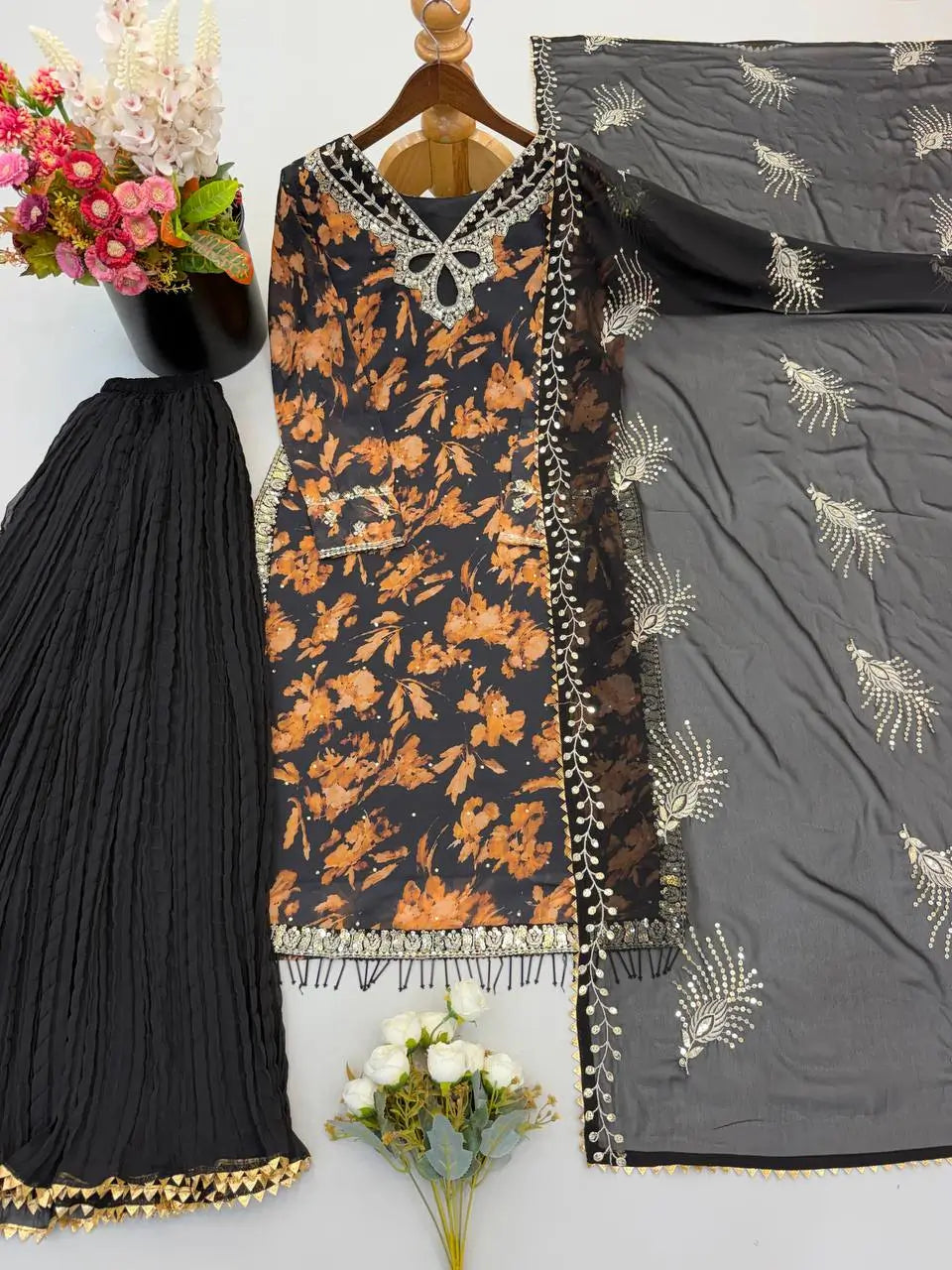 Black Floral Sequin Sharara Set