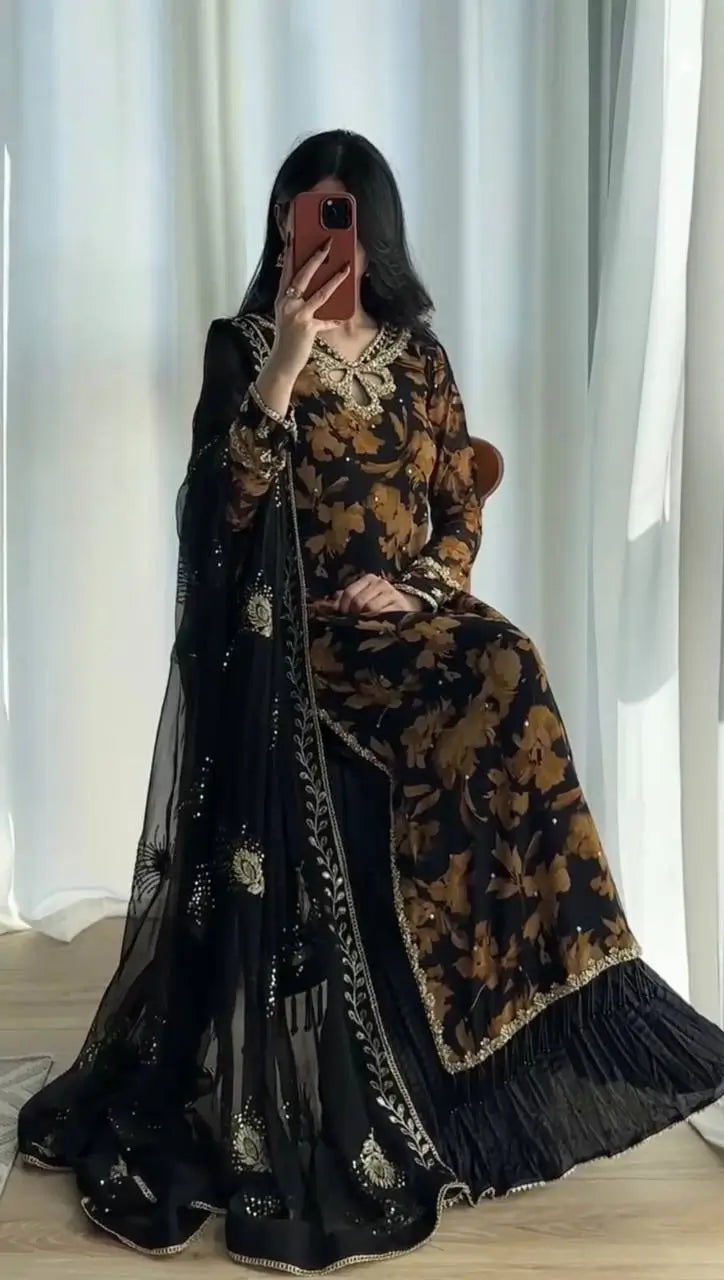 Black Floral Sequin Sharara Set