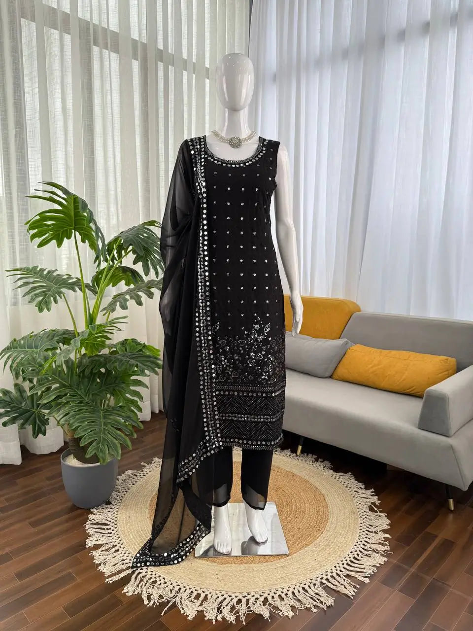 Black Fox Georgette Mirror Work Suit Set with Dupatta & Pants