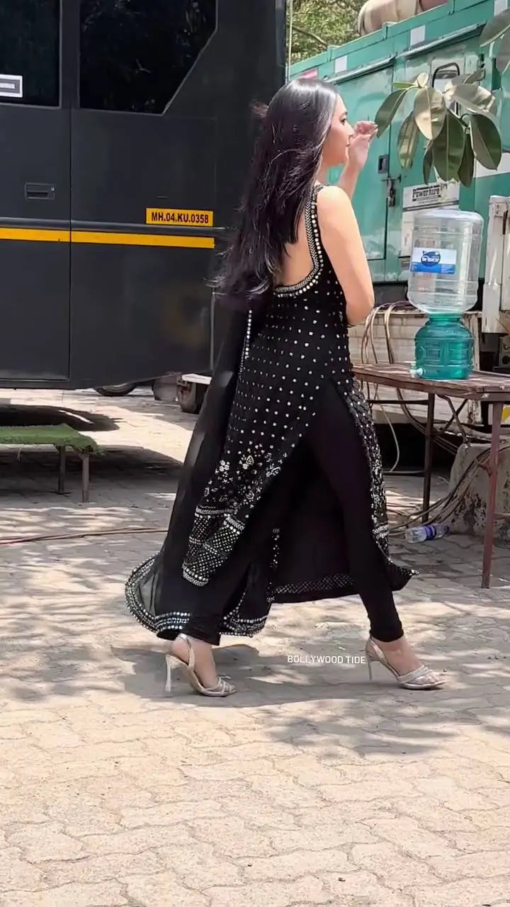 Black Fox Georgette Mirror Work Suit Set with Dupatta & Pants