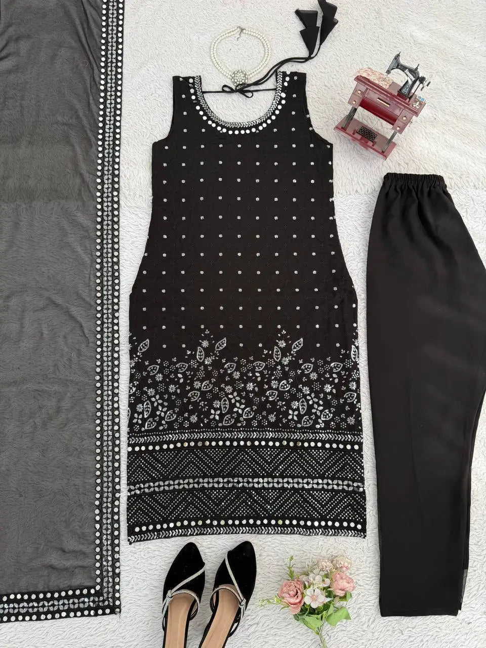 Black Fox Georgette Mirror Work Suit Set with Dupatta & Pants