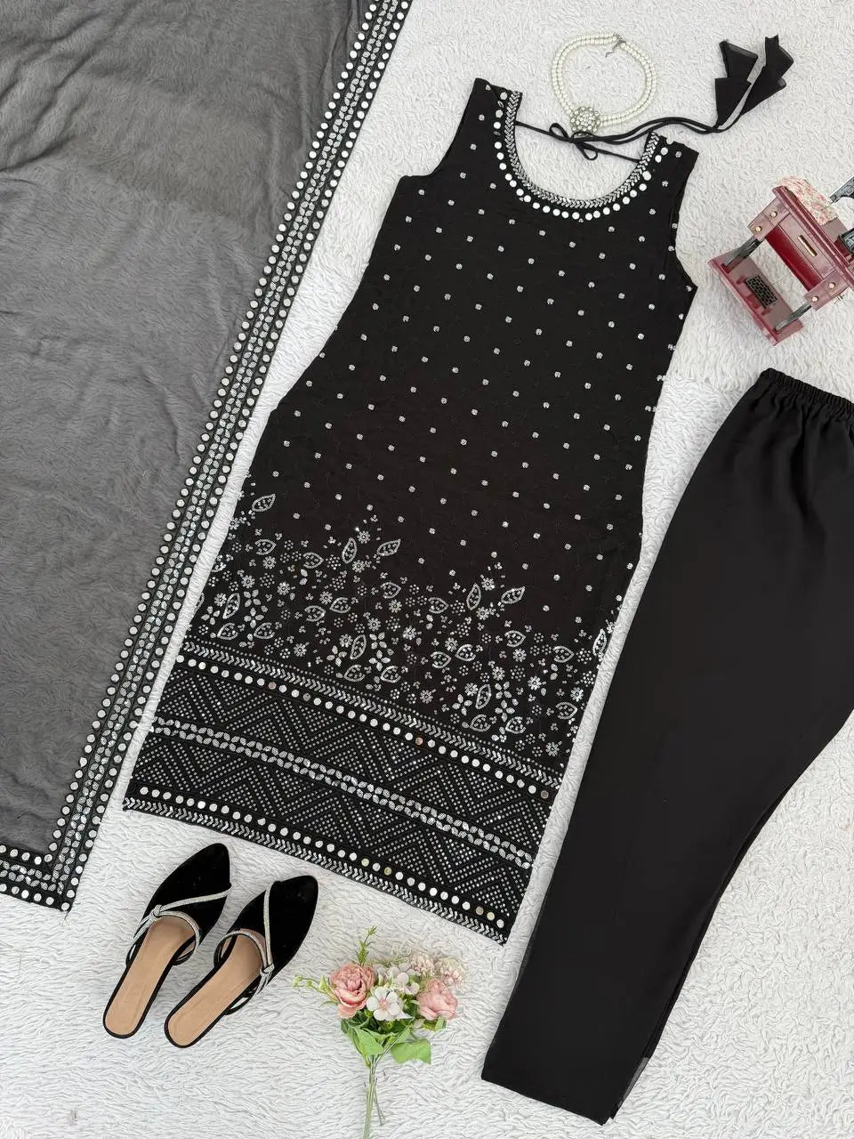 Black Fox Georgette Mirror Work Suit Set with Dupatta & Pants