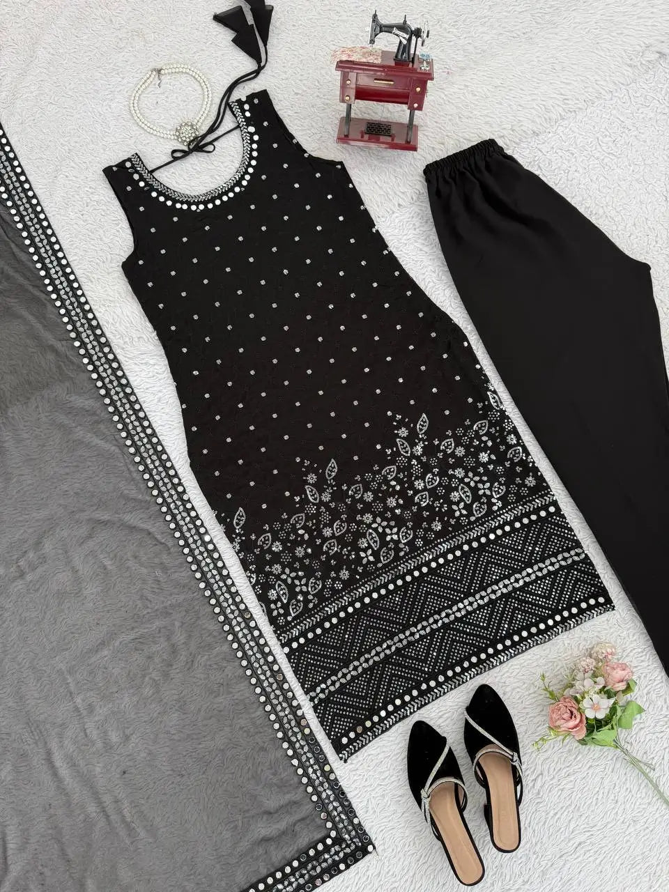 Black Fox Georgette Mirror Work Suit Set with Dupatta & Pants