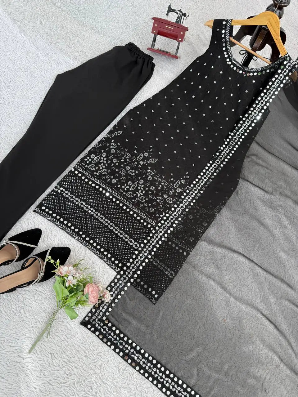 Black Fox Georgette Mirror Work Suit Set with Dupatta & Pants