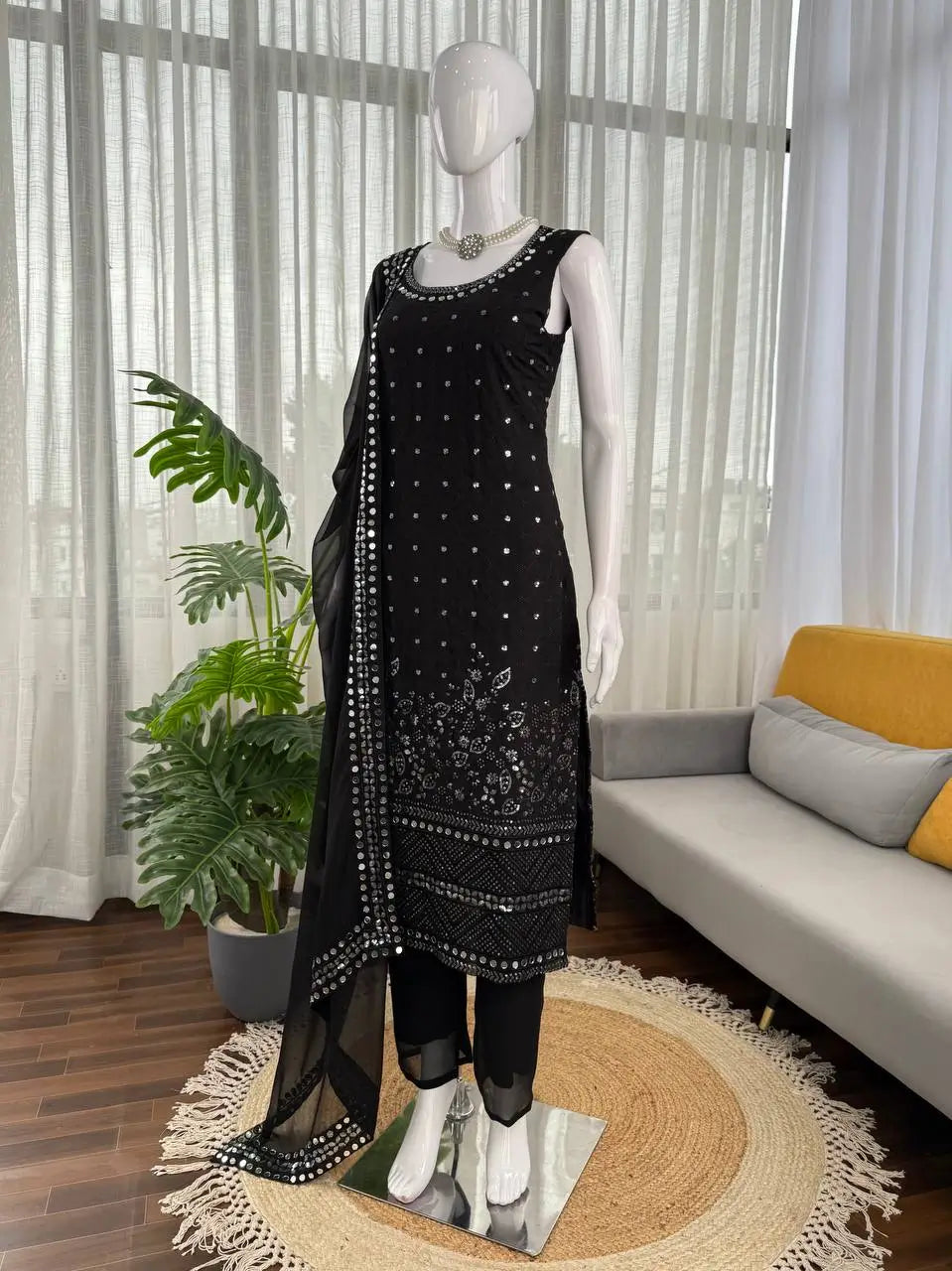Black Fox Georgette Mirror Work Suit Set with Dupatta & Pants