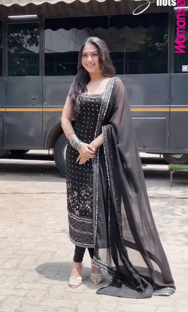 Black Fox Georgette Mirror Work Suit Set with Dupatta & Pants