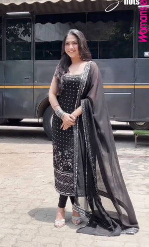 Black Fox Georgette Mirror Work Suit Set with Dupatta & Pants