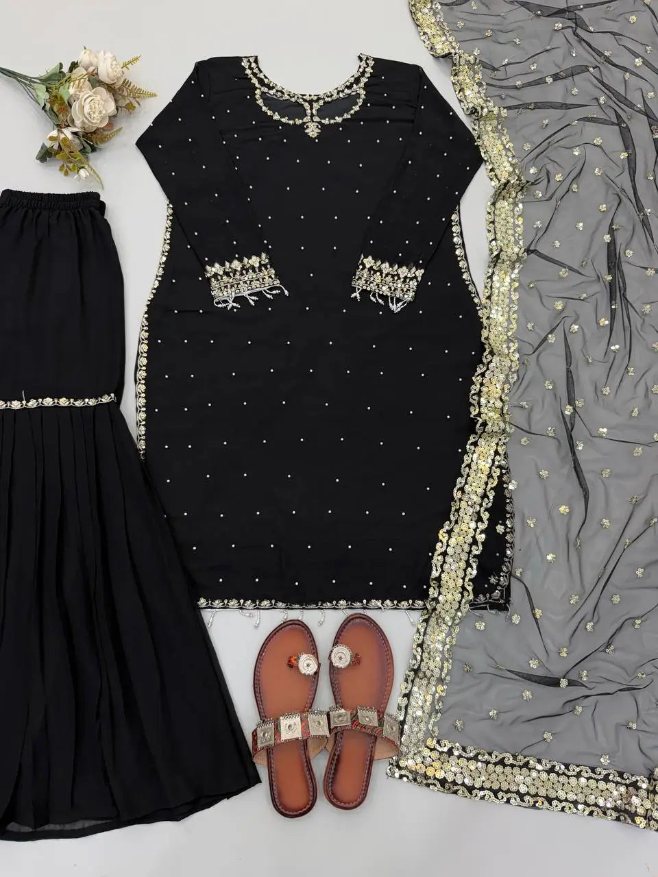 Black Georgette Kurta Palazzo Set with Pearls