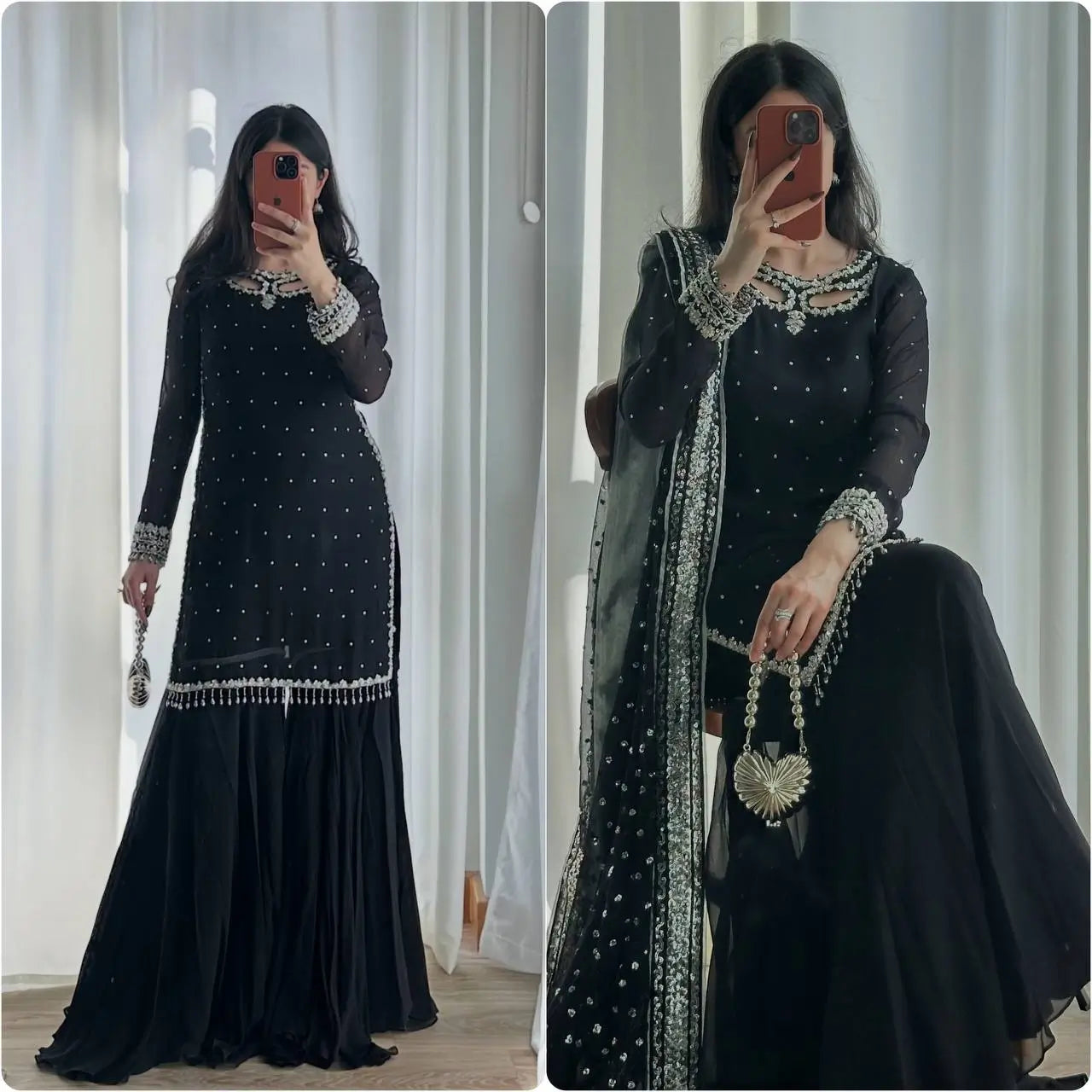 Black Georgette Kurta Palazzo Set with Pearls