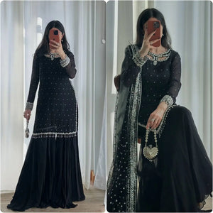 Black Georgette Kurta Palazzo Set with Pearls