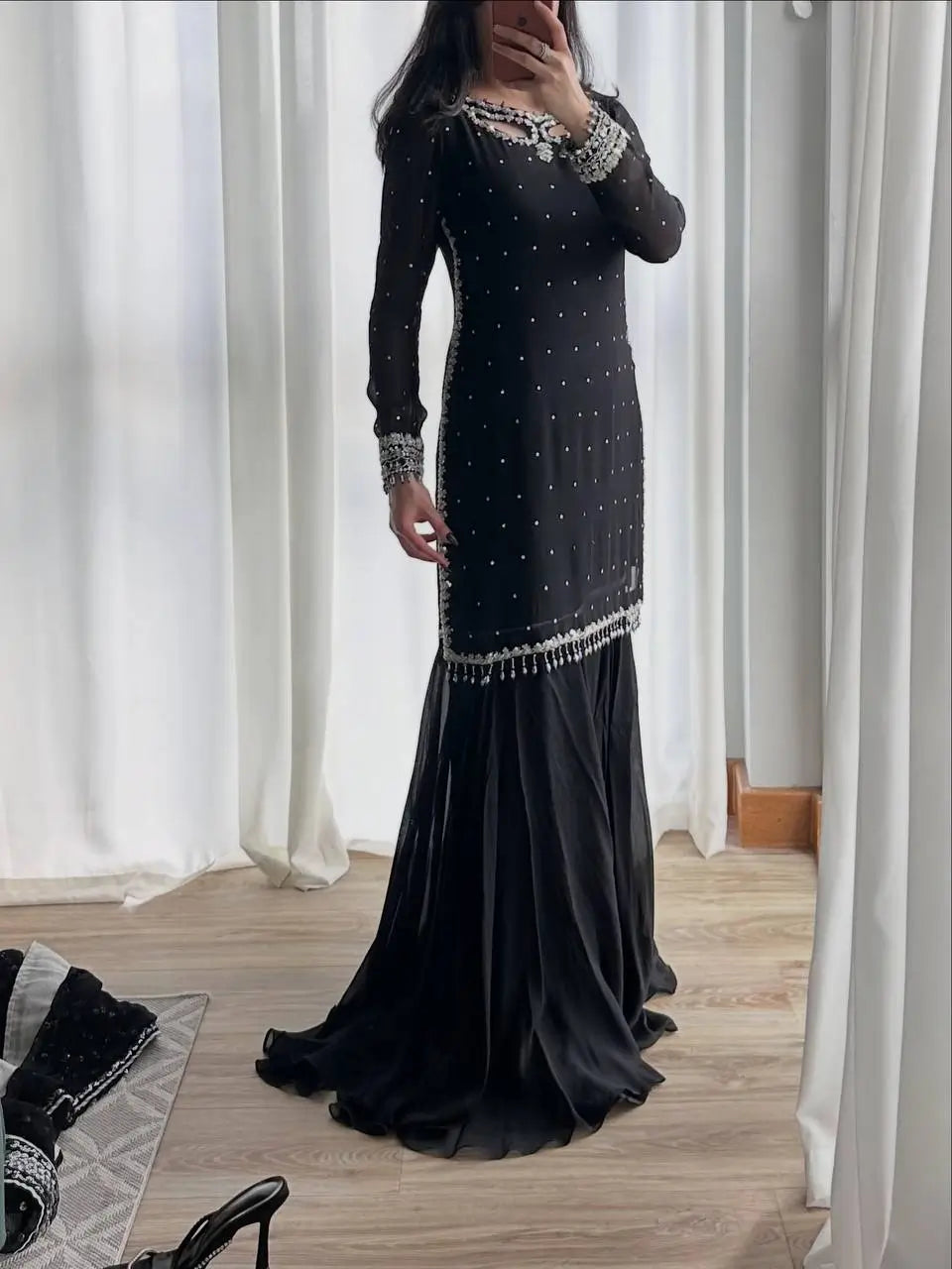 Black Georgette Kurta Palazzo Set with Pearls