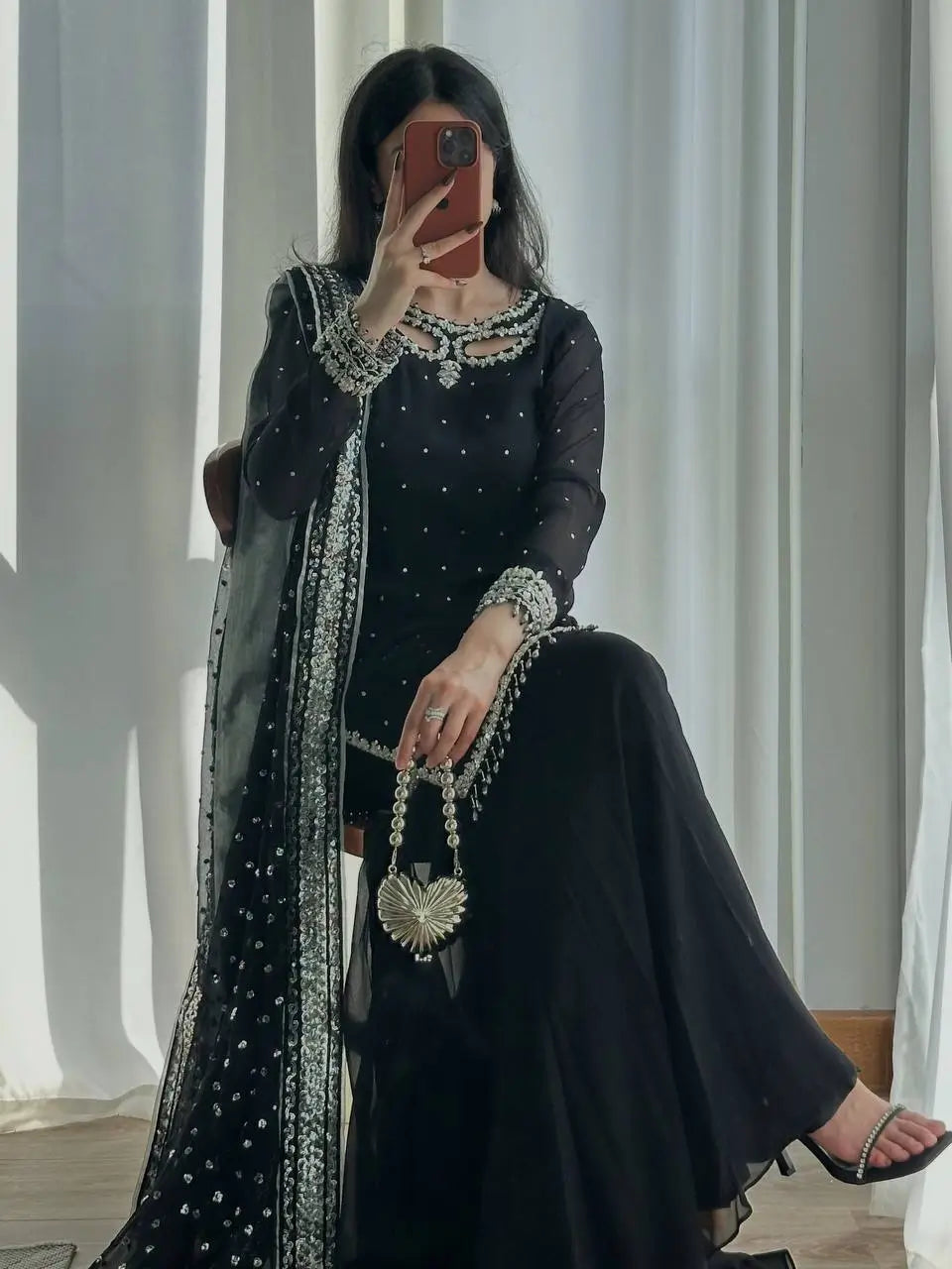 Black Georgette Kurta Palazzo Set with Pearls