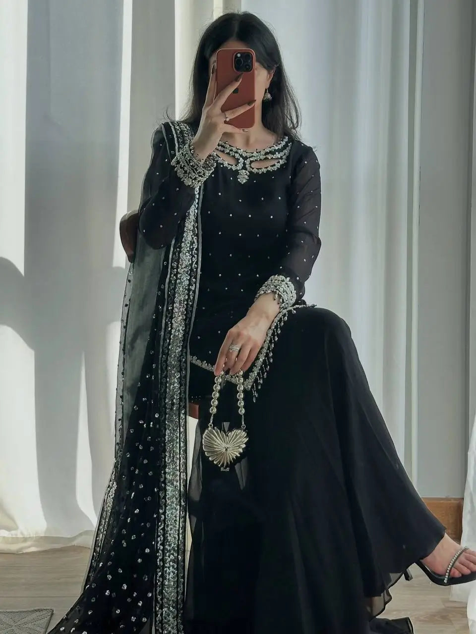 Black Georgette Kurta Palazzo Set with Pearls