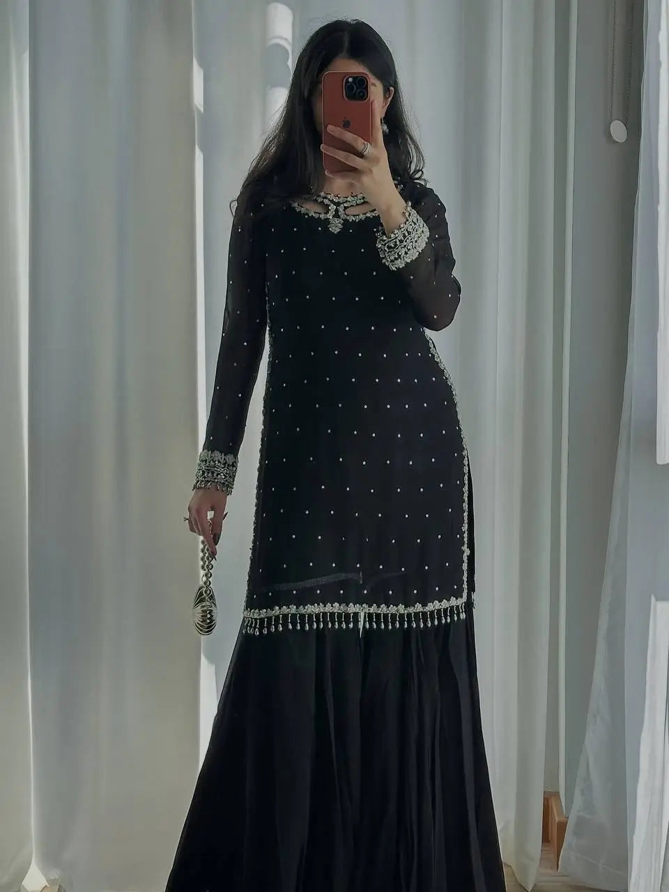 Black Georgette Kurta Palazzo Set with Pearls