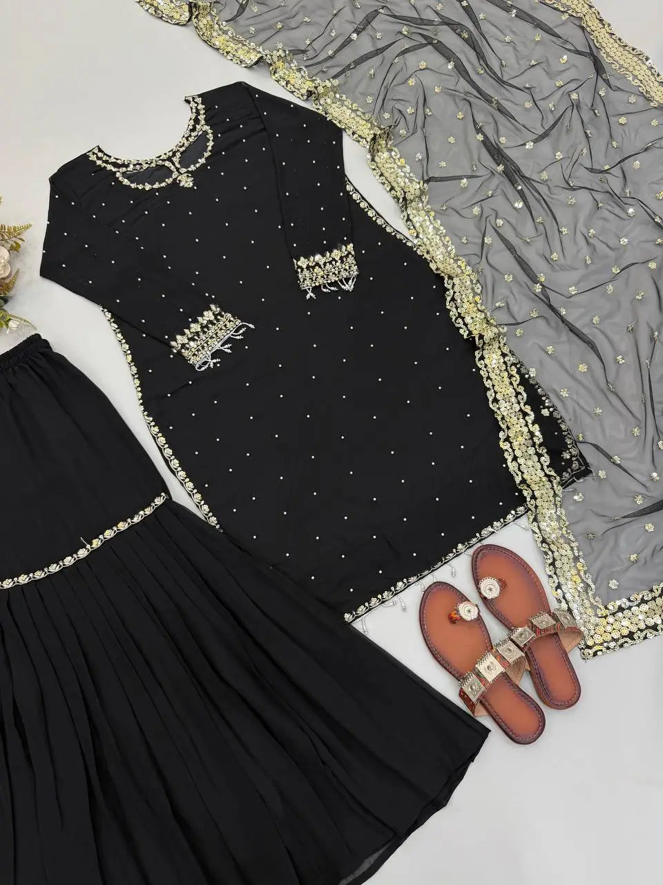 Black Georgette Kurta Palazzo Set with Pearls