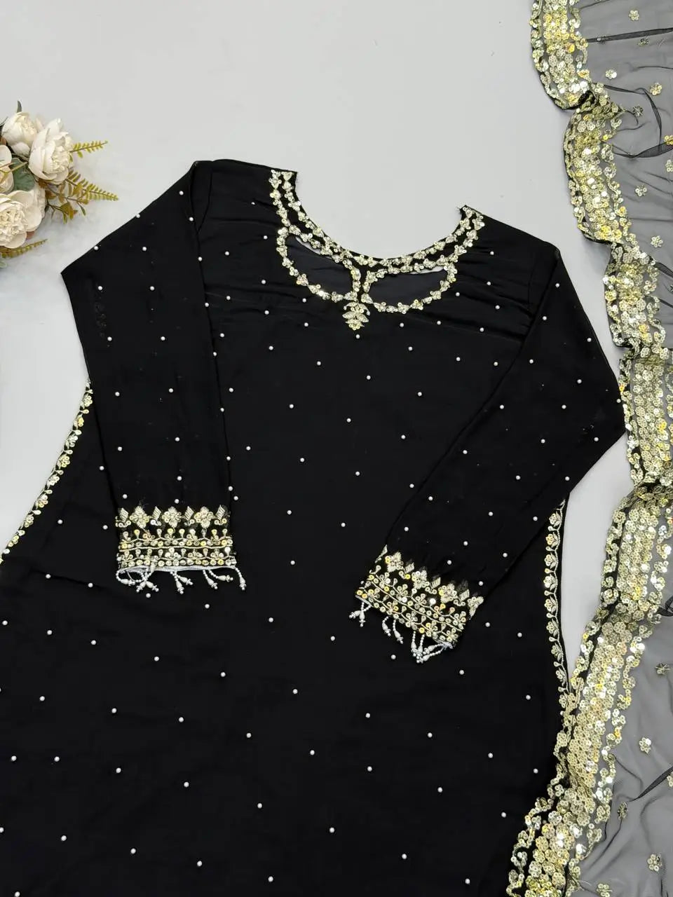 Black Georgette Kurta Palazzo Set with Pearls
