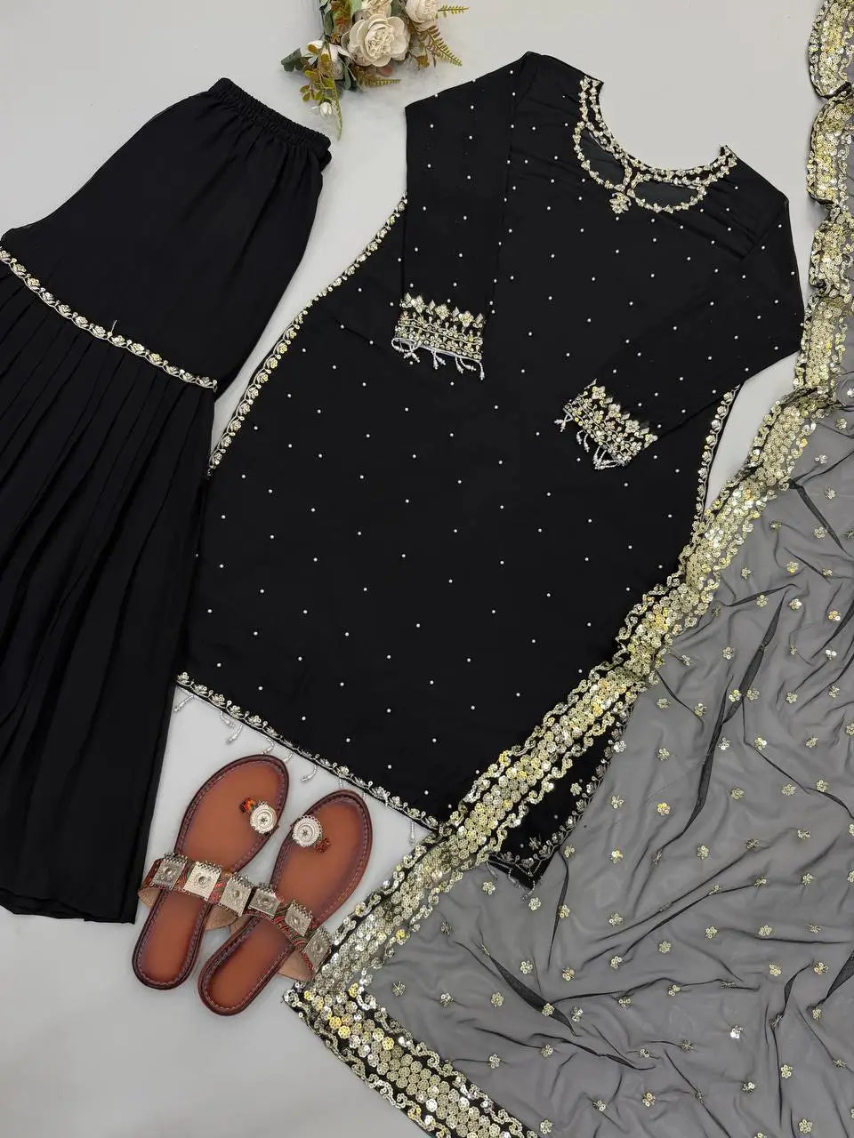 Black Georgette Kurta Palazzo Set with Pearls