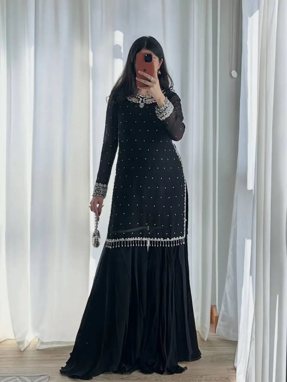 Black Georgette Kurta Palazzo Set with Pearls