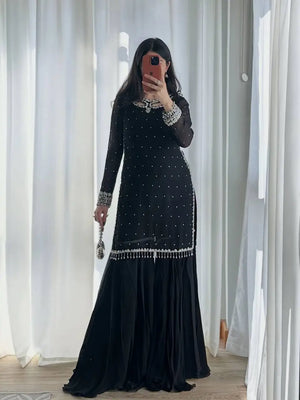 Black Georgette Kurta Palazzo Set with Pearls
