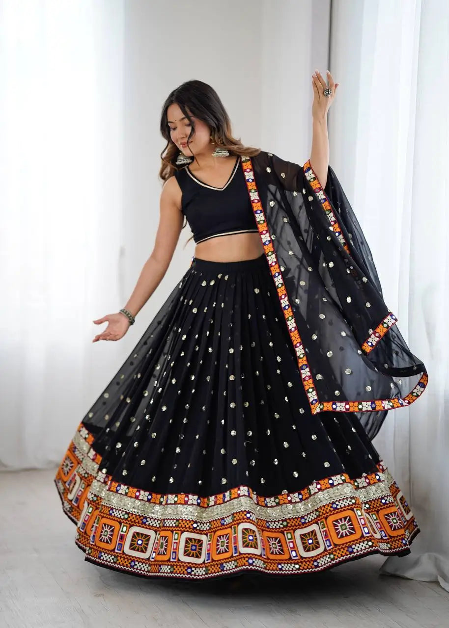 Black Georgette Mirror Work Lehenga Set with Dupatta