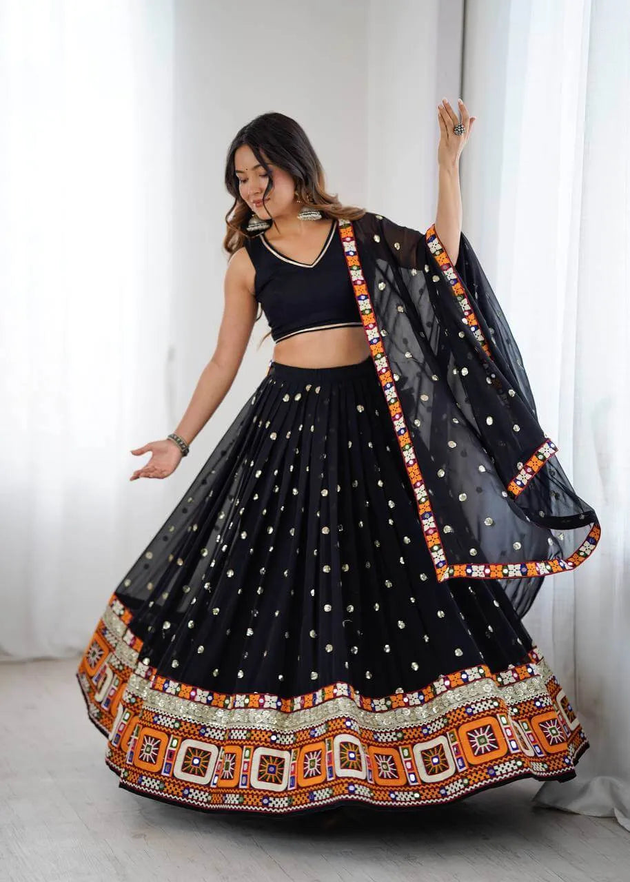 Black Georgette Mirror Work Lehenga Set with Dupatta