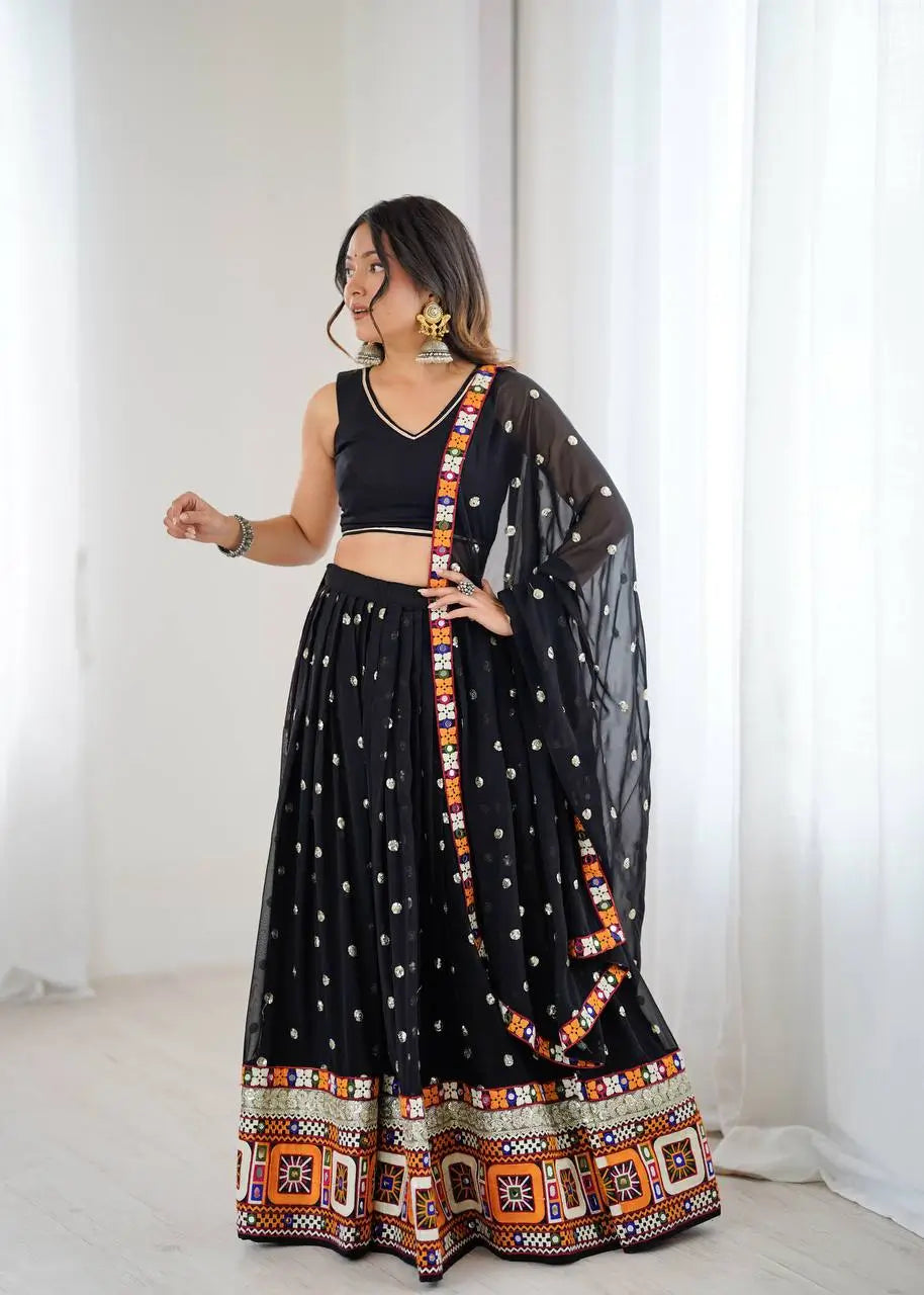 Black Georgette Mirror Work Lehenga Set with Dupatta