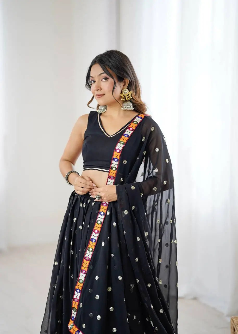 Black Georgette Mirror Work Lehenga Set with Dupatta