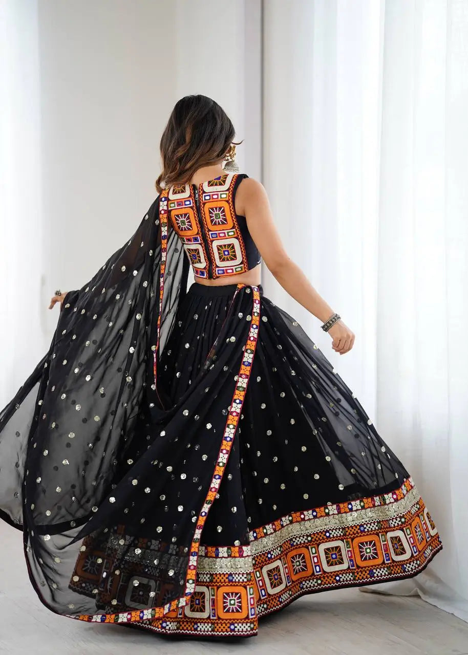 Black Georgette Mirror Work Lehenga Set with Dupatta