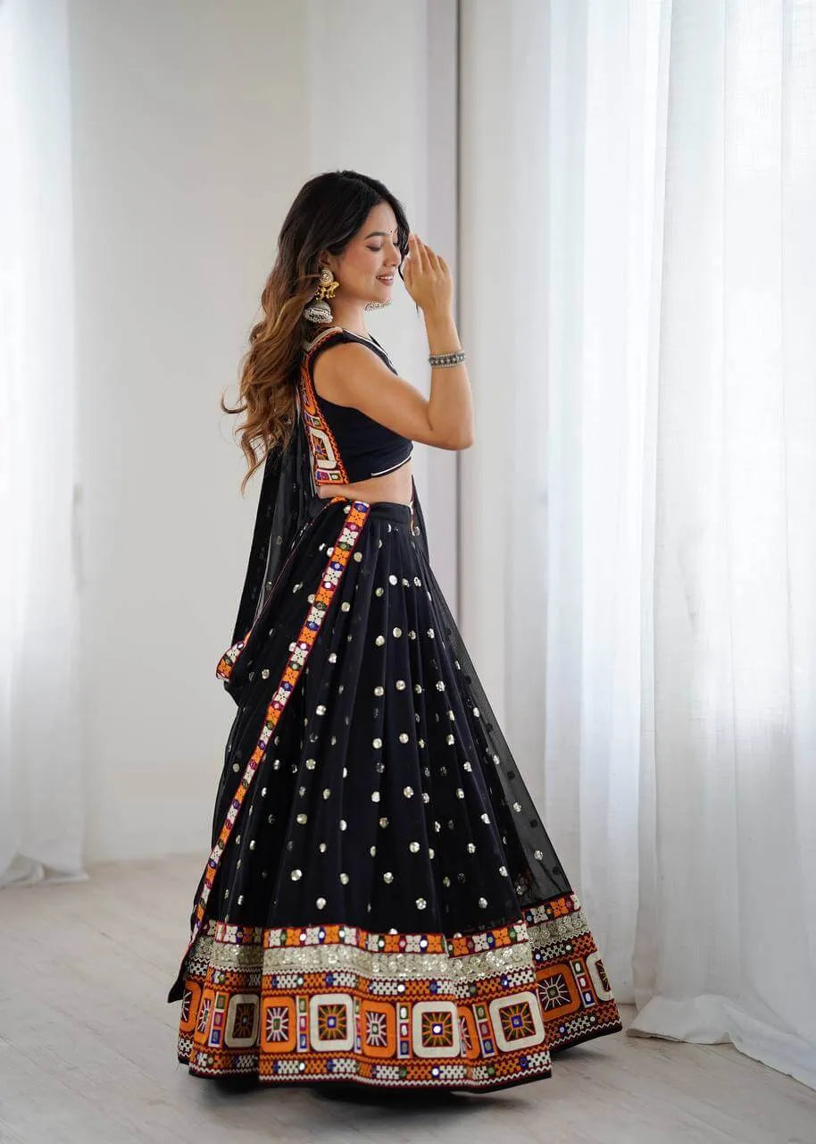 Black Georgette Mirror Work Lehenga Set with Dupatta