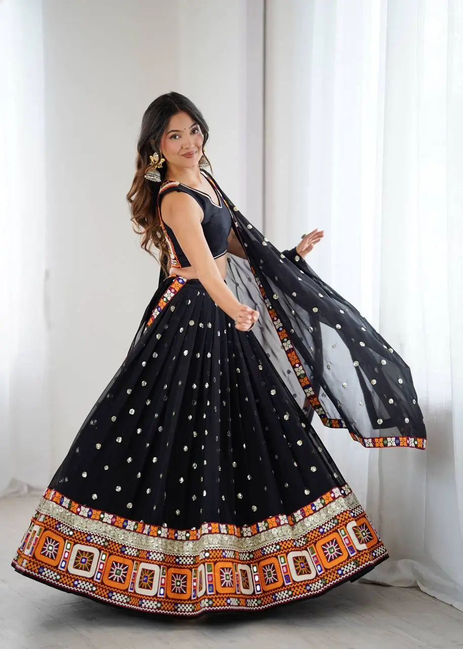 Black Georgette Mirror Work Lehenga Set with Dupatta