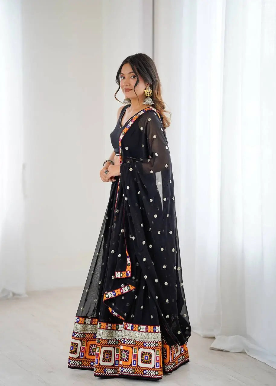Black Georgette Mirror Work Lehenga Set with Dupatta