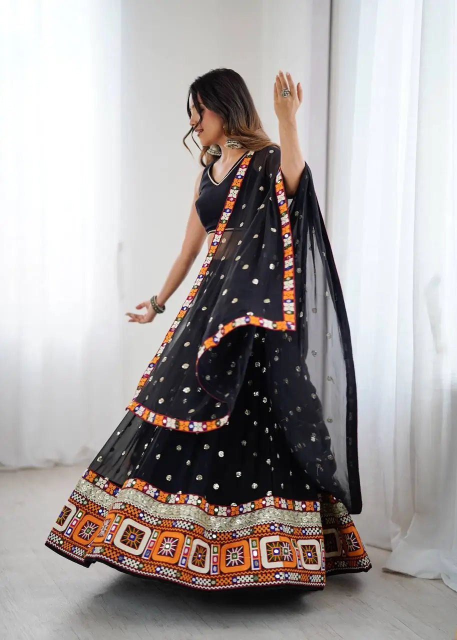Black Georgette Mirror Work Lehenga Set with Dupatta