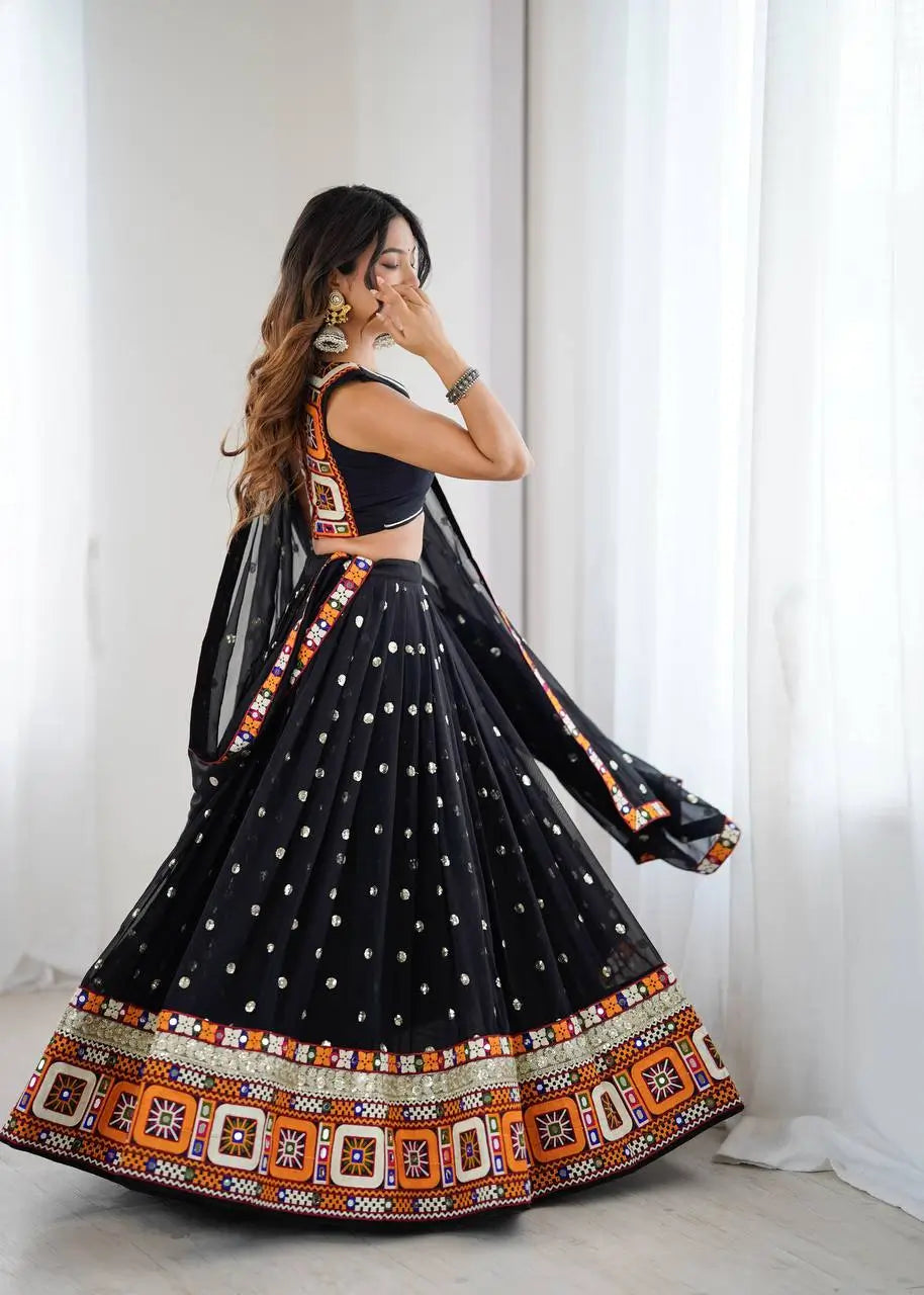 Black Georgette Mirror Work Lehenga Set with Dupatta