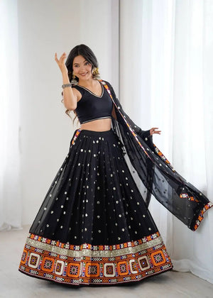 Black Georgette Mirror Work Lehenga Set with Dupatta