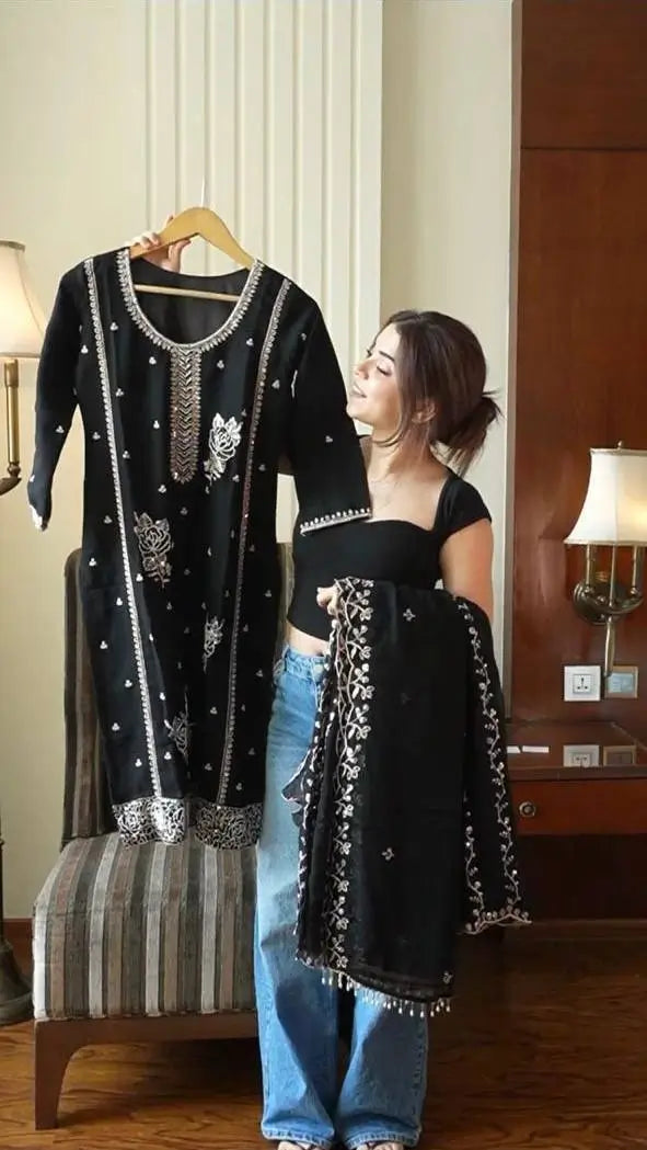 Black Gold Embroidery Gharara Set with Dupatta