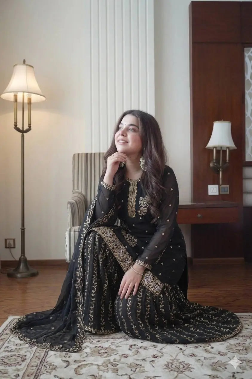 Black Gold Embroidery Gharara Set with Dupatta