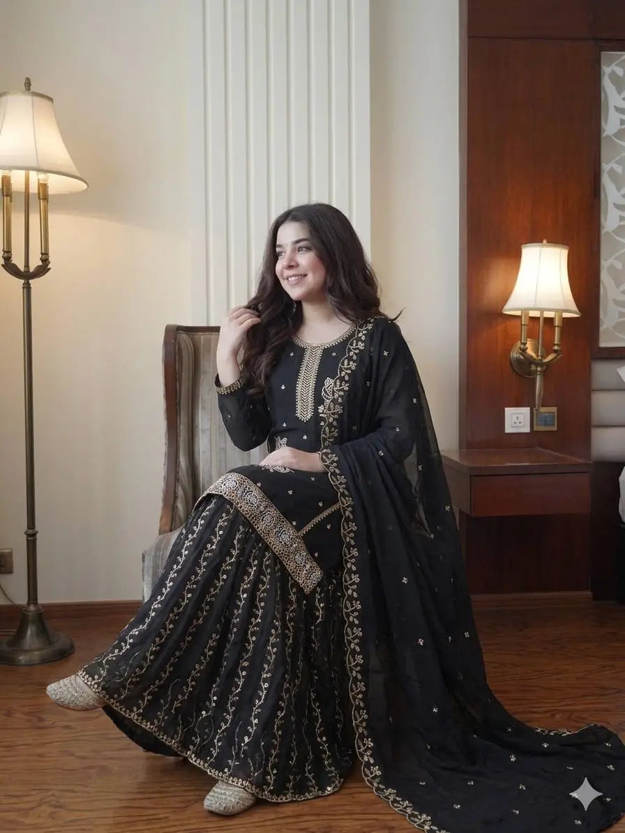 Black Gold Embroidery Gharara Set with Dupatta