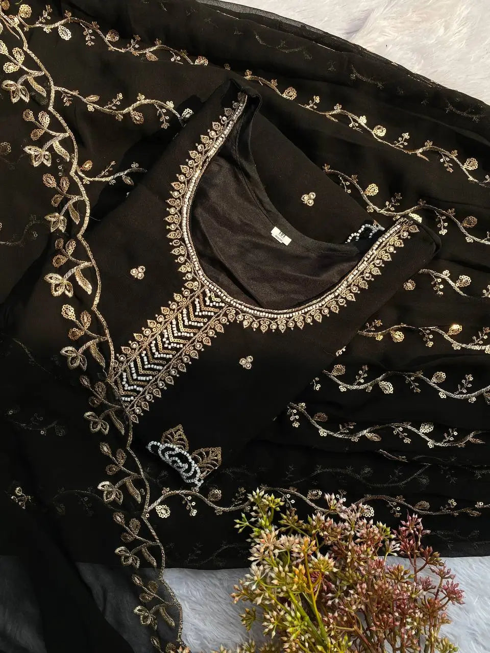 Black Gold Embroidery Gharara Set with Dupatta