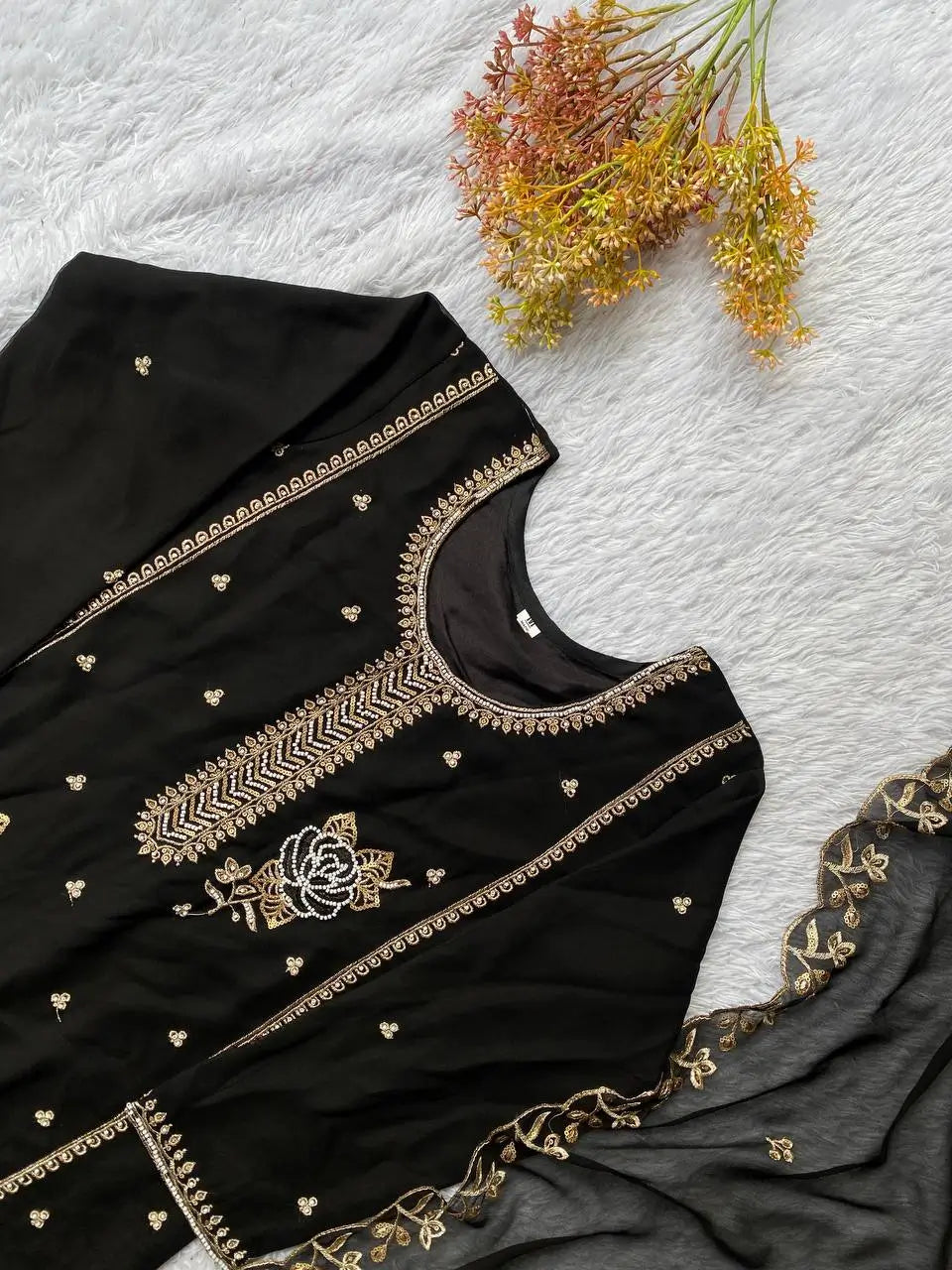 Black Gold Embroidery Gharara Set with Dupatta