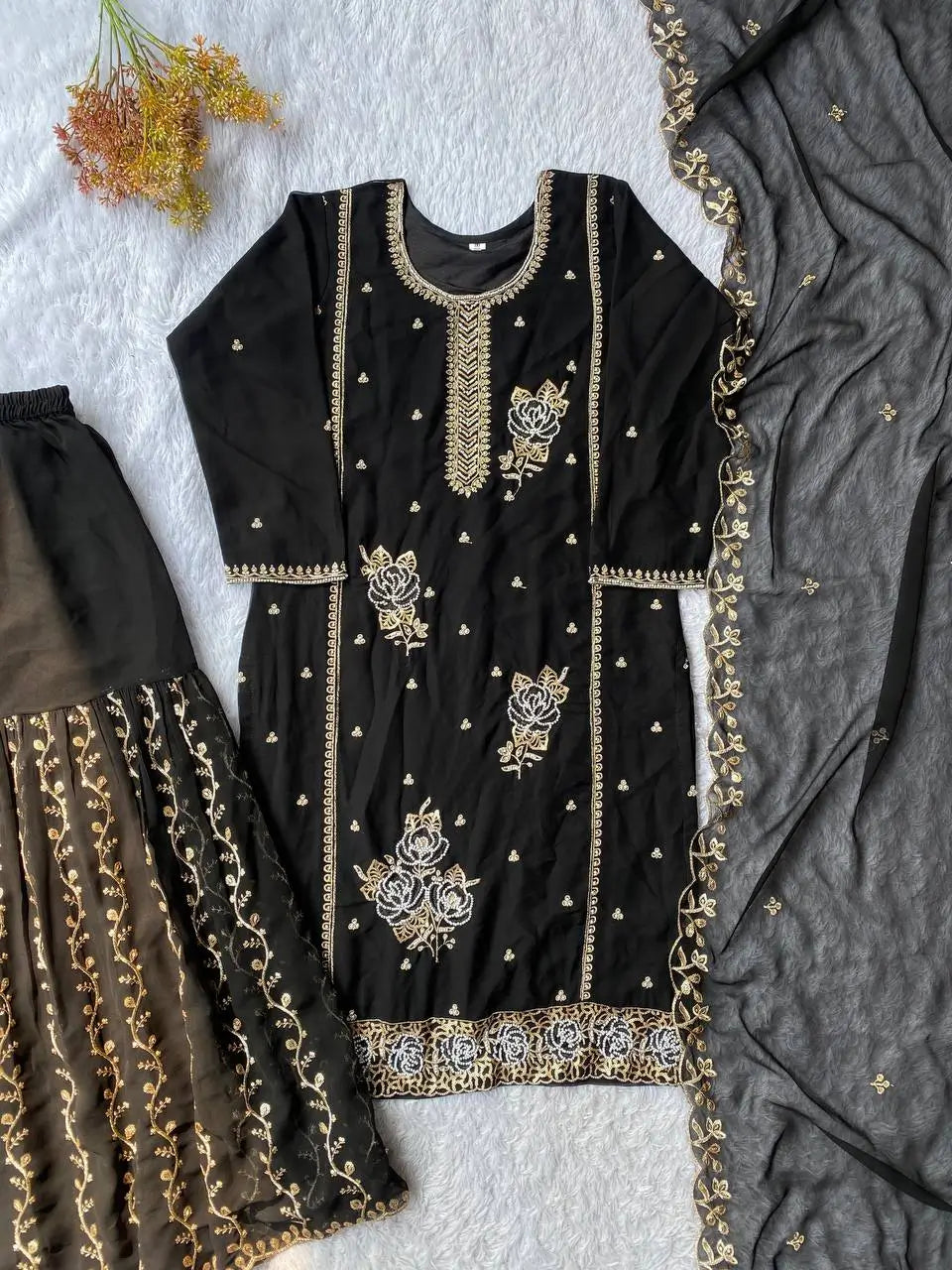 Black Gold Embroidery Gharara Set with Dupatta