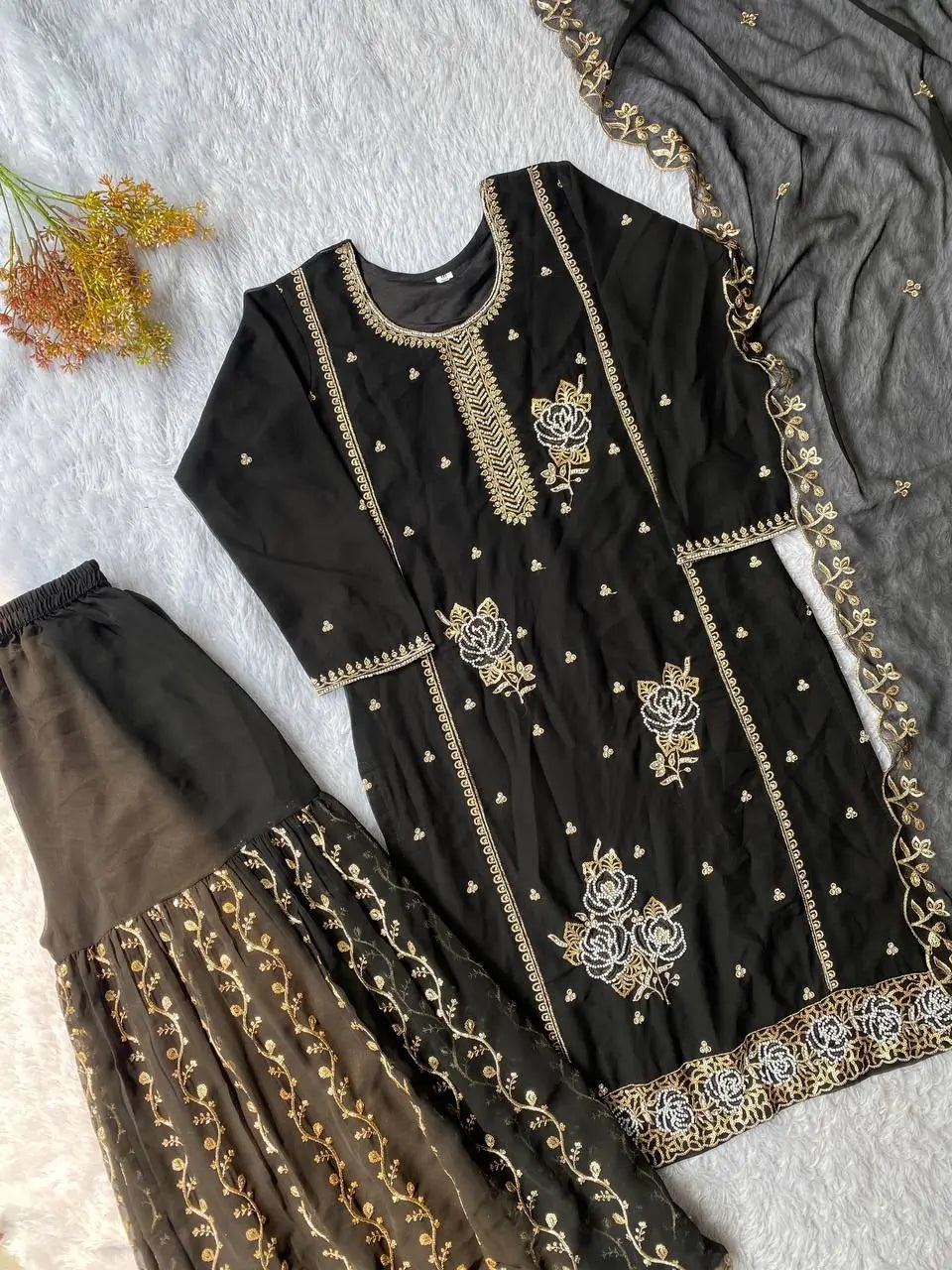 Black Gold Embroidery Gharara Set with Dupatta